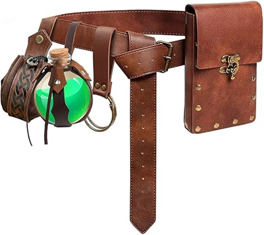 Renaissance Accessories – 6Pcs Medieval Pirate Belt Pouch & Potion Bottles Set