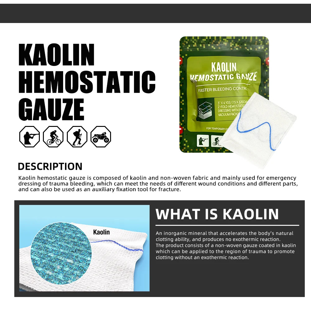 Hemostatic Kaolin Gauze Combat Emergency Trauma Z-Fold Dressing for IFAK Tactical First Aid Kit