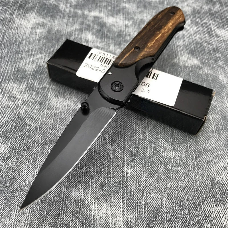BM DA44 Survival Pocket Folding Knife – Wood Handle with Titanium-Plated Blade for Tactical EDC Use