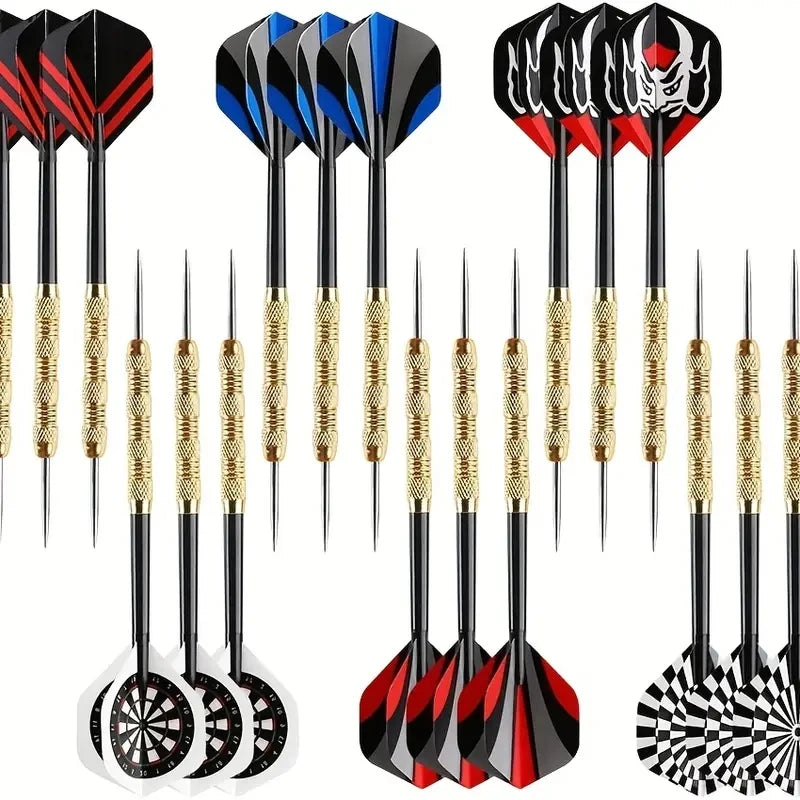 18 pcs dart set – 14g iron-plated copper darts with black plastic rods and 6 wing types