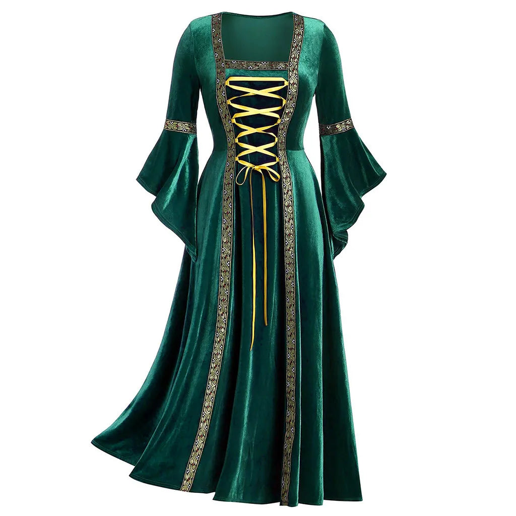 Plus Size Patchwork Bandage Long Sleeve Dress – Casual Floor-Length Robe for Women