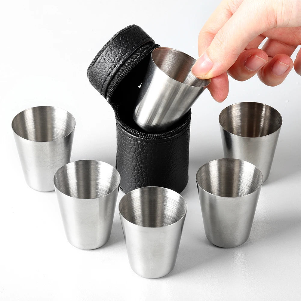 Stainless Steel Travel Cups Set with Case – 4 or 6 Mini Whisky Glasses