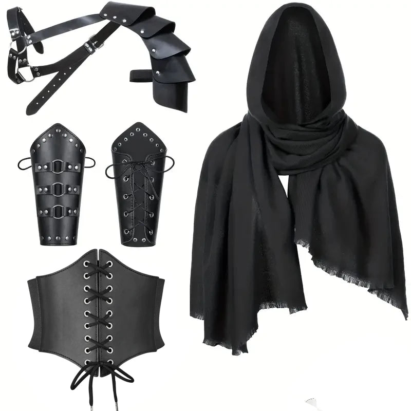 Medieval Knight Renaissance Accessories Set – PU Leather Belt, Cape & Gauntlet Bracers 5pcs