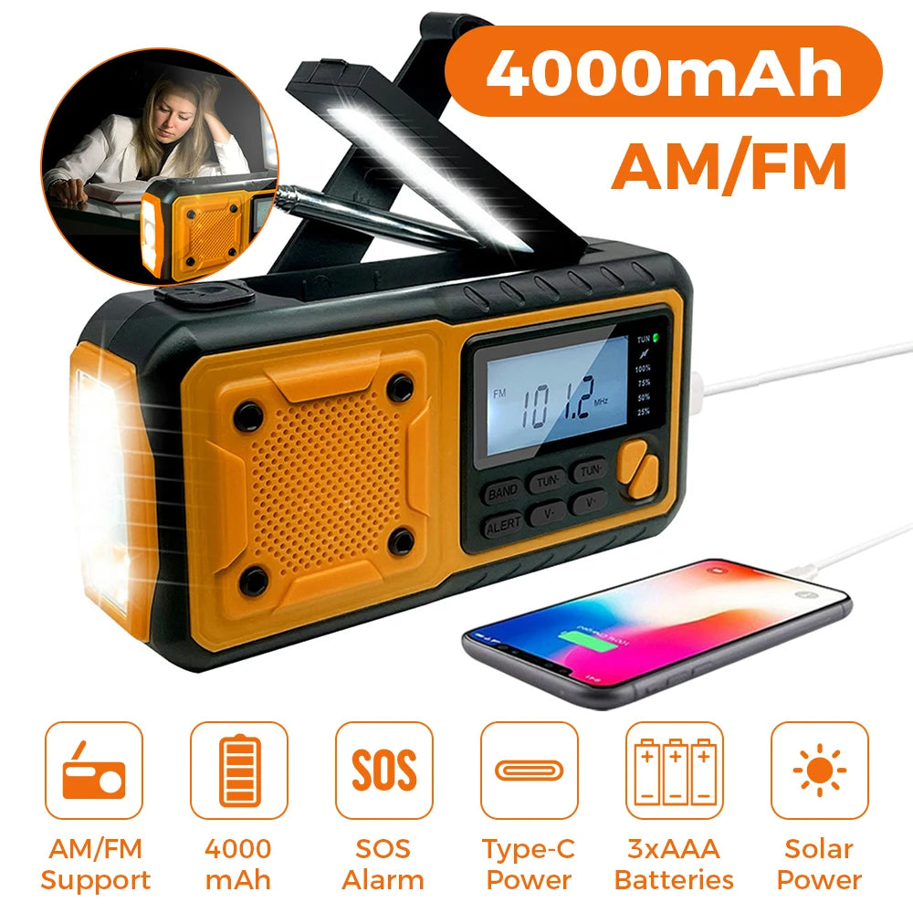 4000mAh Emergency Solar Hand Crank Radio – AM/FM, Flashlight & Power Bank Charger