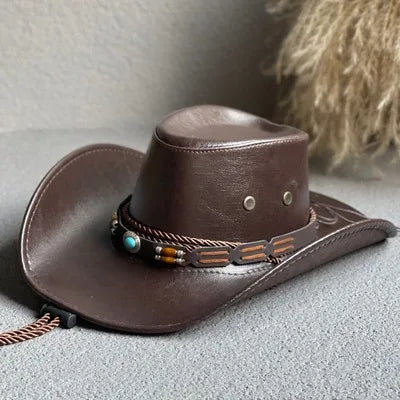 Faux Leather Western Cowboy Hat – Vintage Panama Cowgirl Jazz Cap for Men & Women
