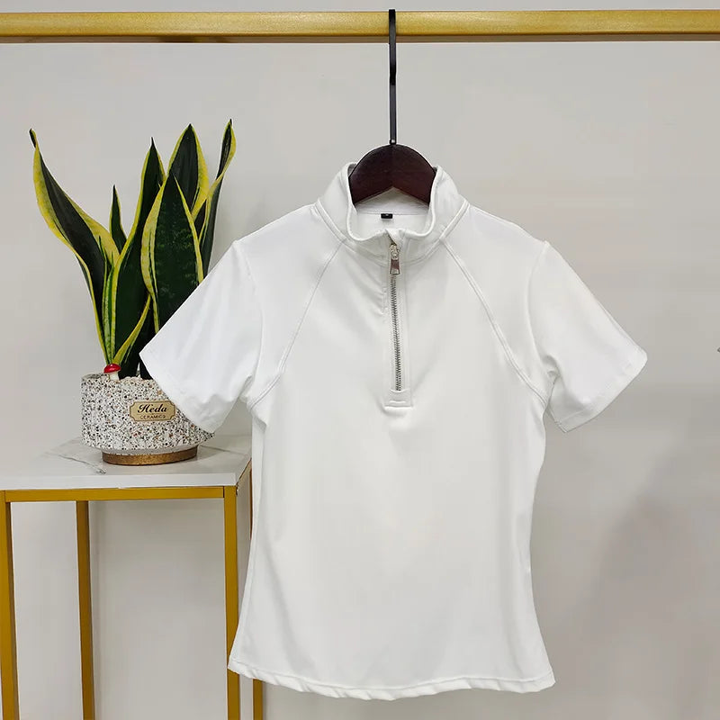 Fashion Western Zipper Horse Riding Base Layer – Quick Dry Short Sleeve Shirt for Equestrian Riders