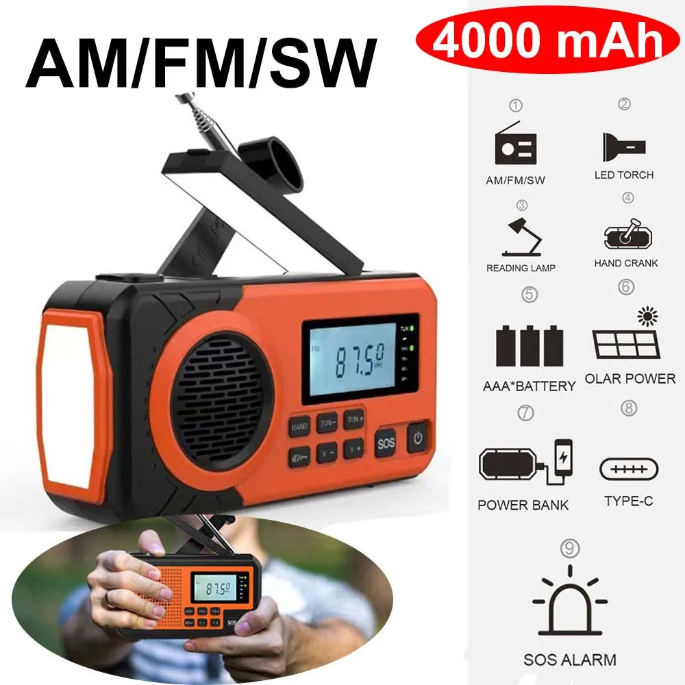 4000mAh Emergency Solar Hand Crank Radio – AM/FM, Flashlight & Power Bank Charger