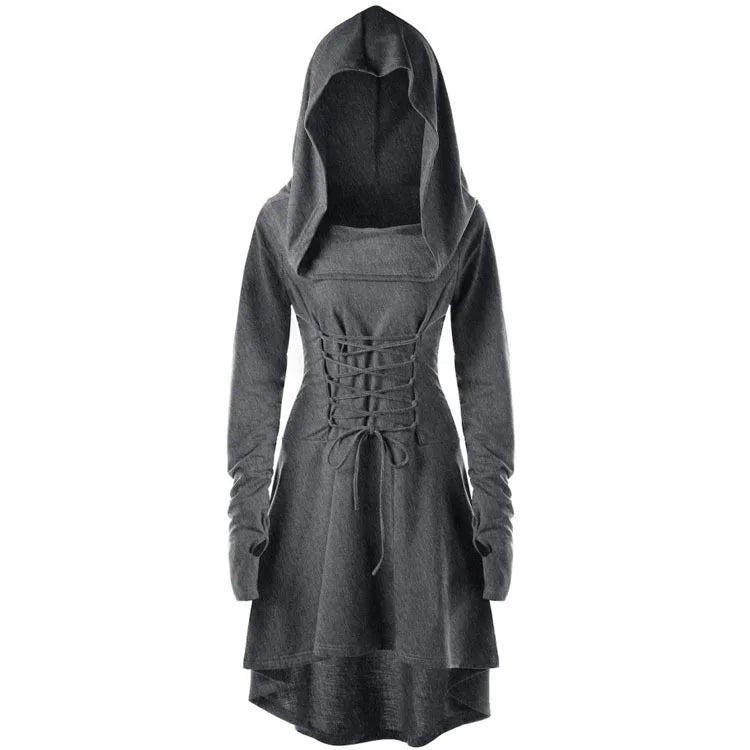 Medieval Archer Hooded Dress – Women’s Renaissance Cosplay Costume with Lace-Up Pullover & Cloak