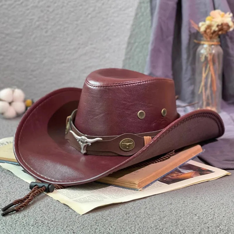 Faux Leather Western Cowboy Hat – Vintage Panama Cowgirl Jazz Cap for Men & Women