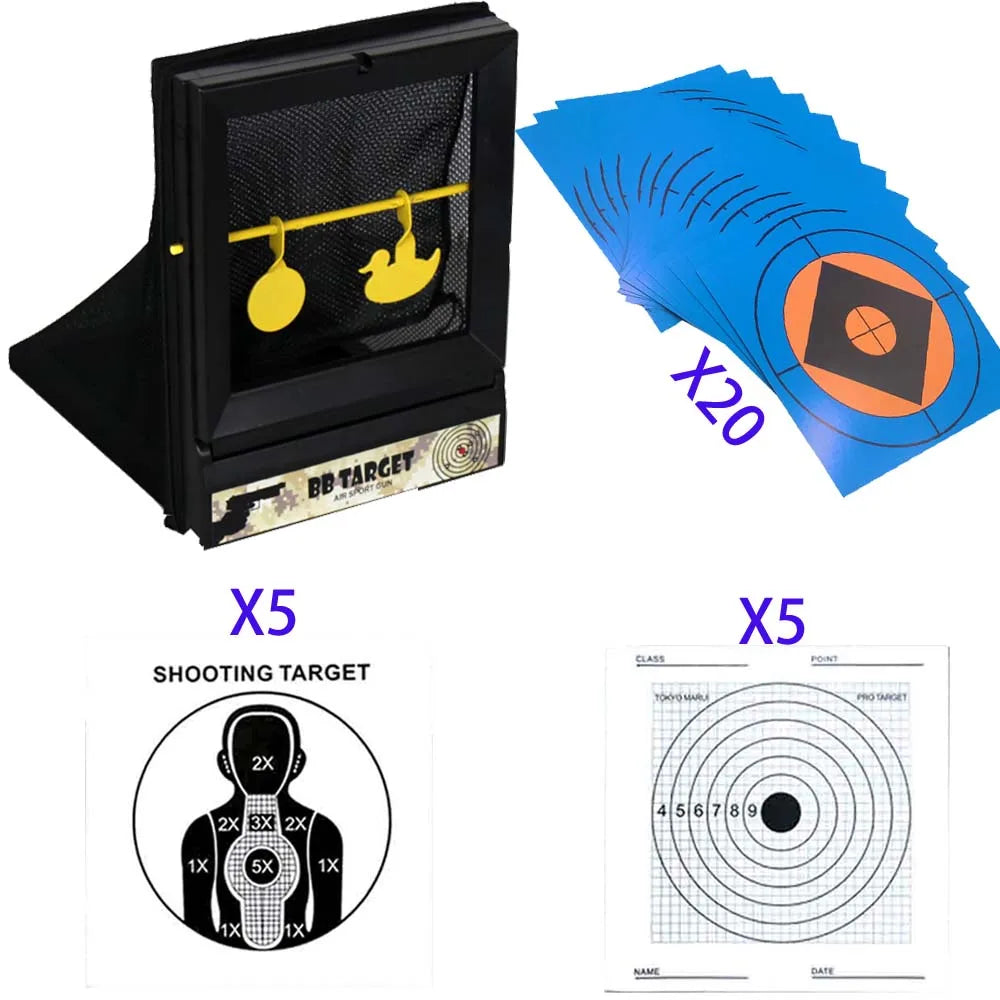 Plastic BB & NERF Soft Bullet Trap Target – Net Pouch with Spinner & Paper Targets