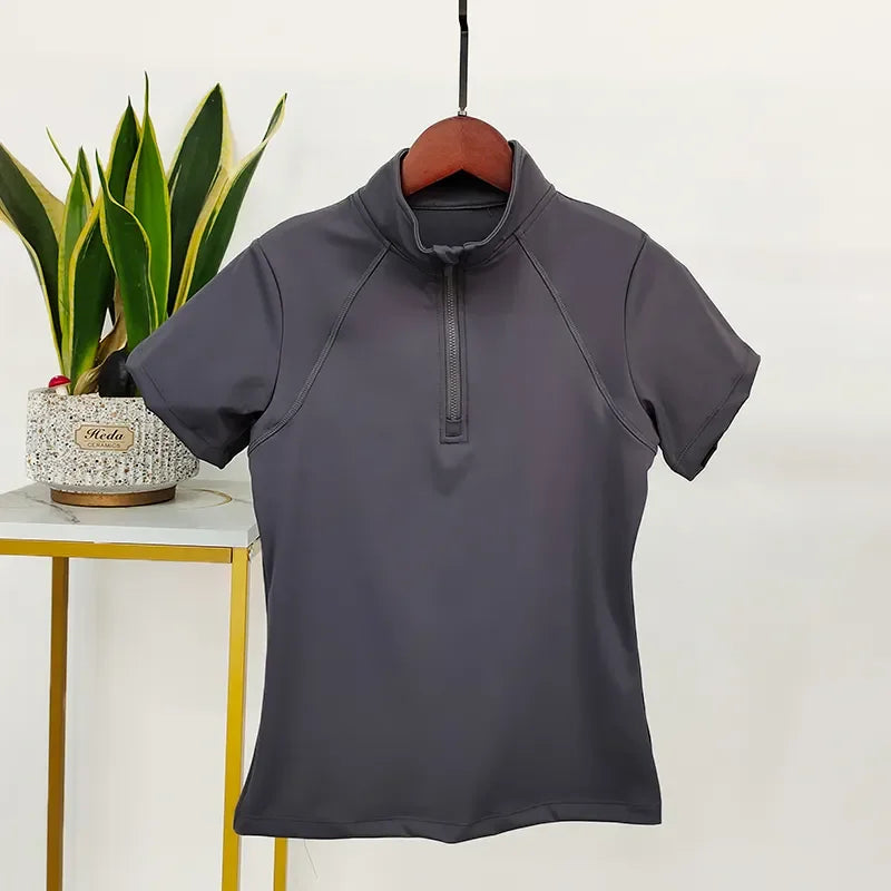 Fashion Western Zipper Horse Riding Base Layer – Quick Dry Short Sleeve Shirt for Equestrian Riders