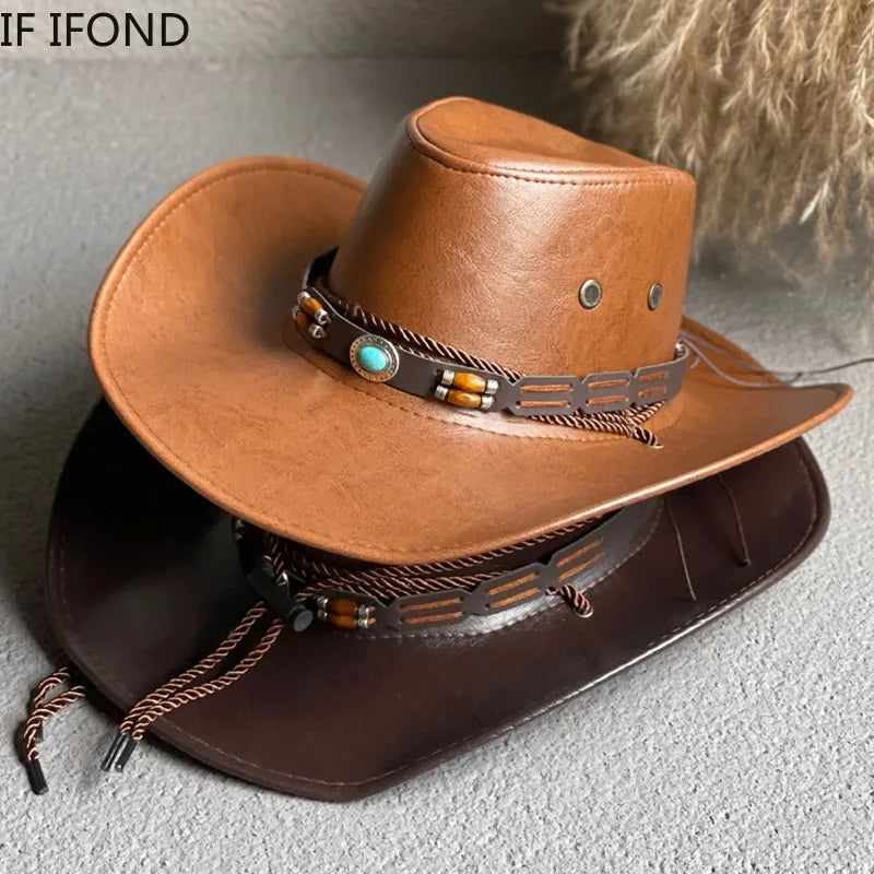 Faux Leather Western Cowboy Hat – Vintage Panama Cowgirl Jazz Cap for Men & Women