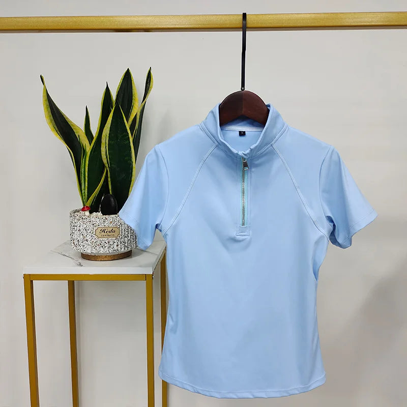 Fashion Western Zipper Horse Riding Base Layer – Quick Dry Short Sleeve Shirt for Equestrian Riders