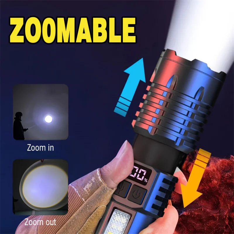 Rechargeable LED Flashlight, Zoomable Waterproof Torch, Built-in Battery Torch, Bright, High-Power