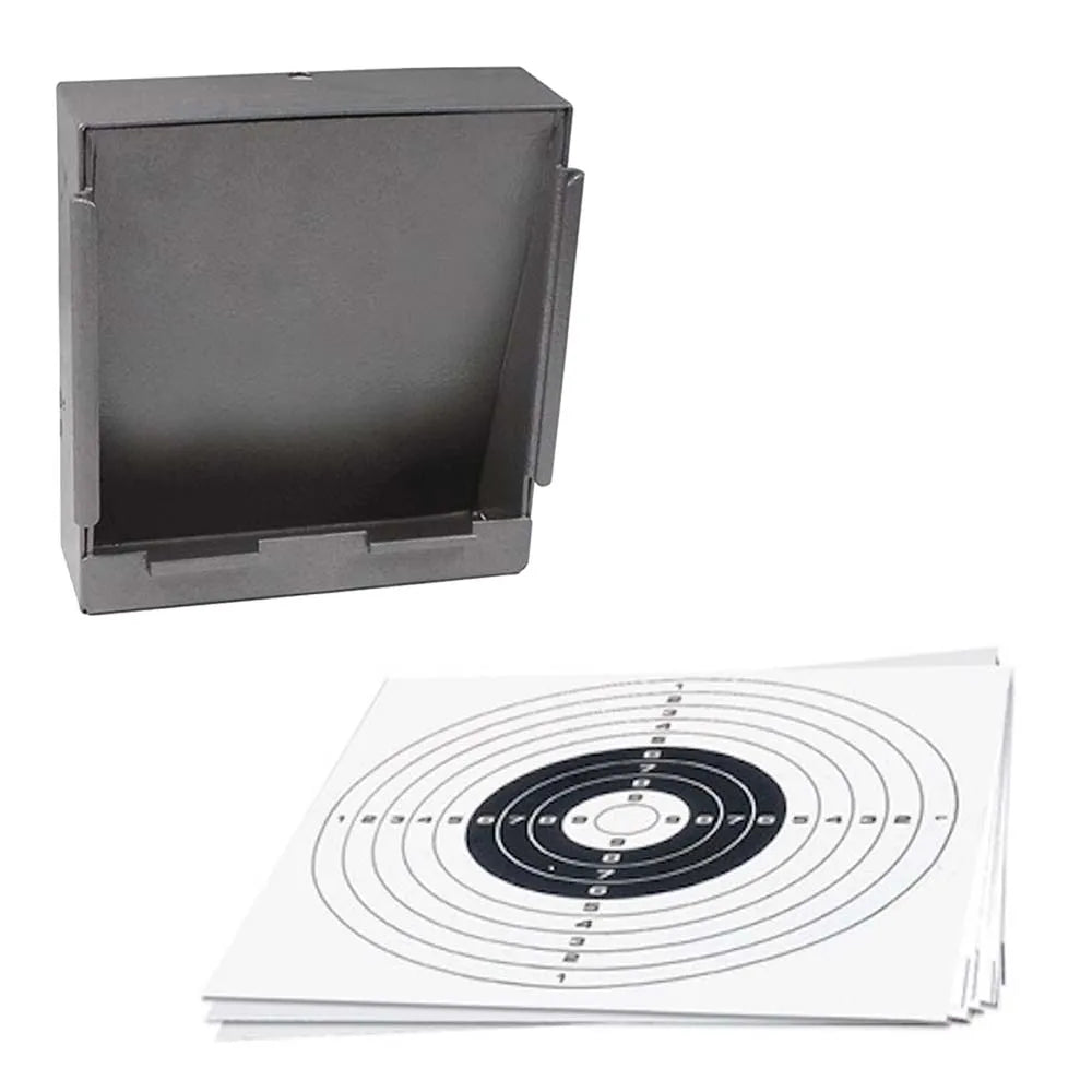 Black Narrow-Edge Pellet Trap with Bevelled Backstop and 20 Paper Targets – 5.5"x5.5"
