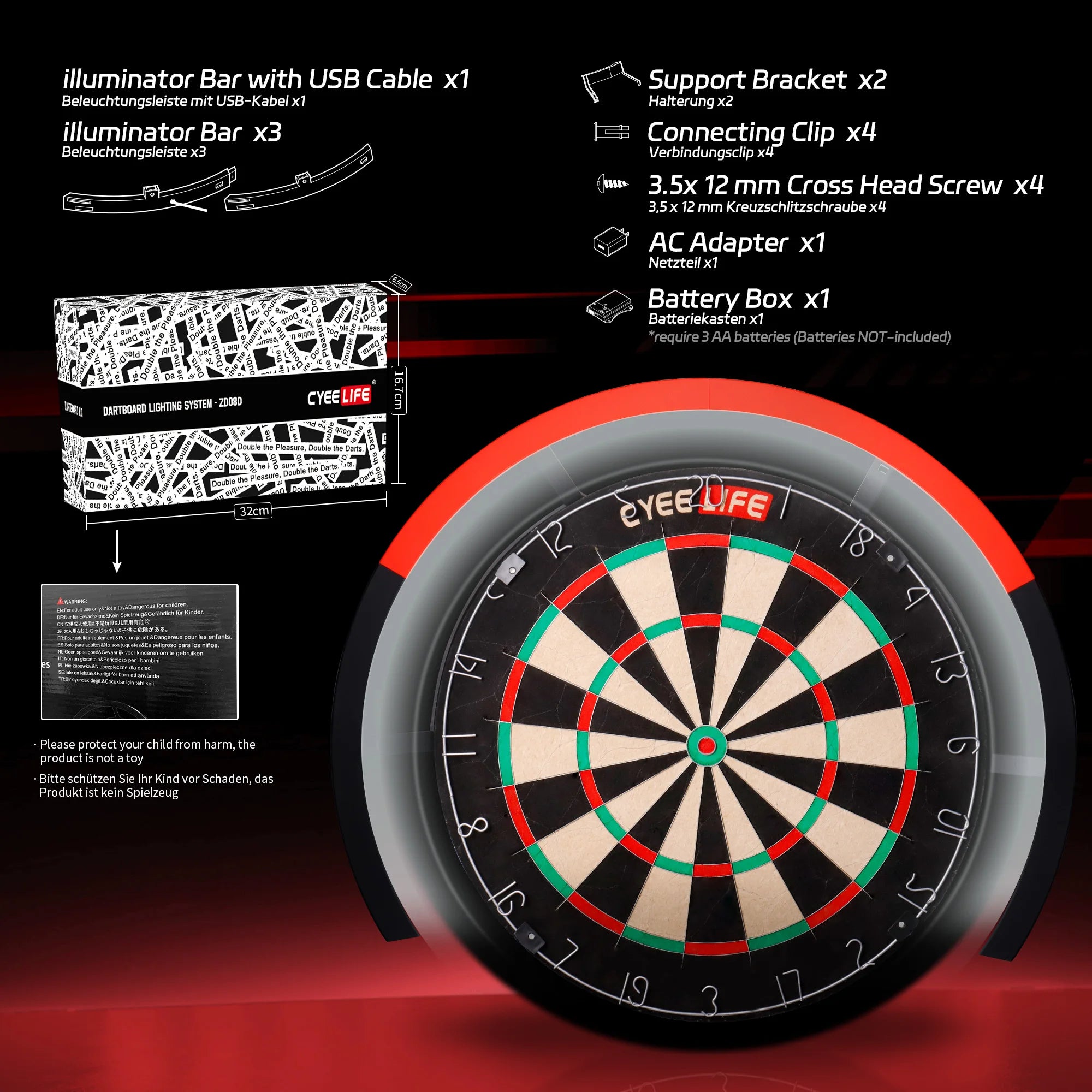 CyeeLife LED dart board light – 240° lighting system for clear, focused play