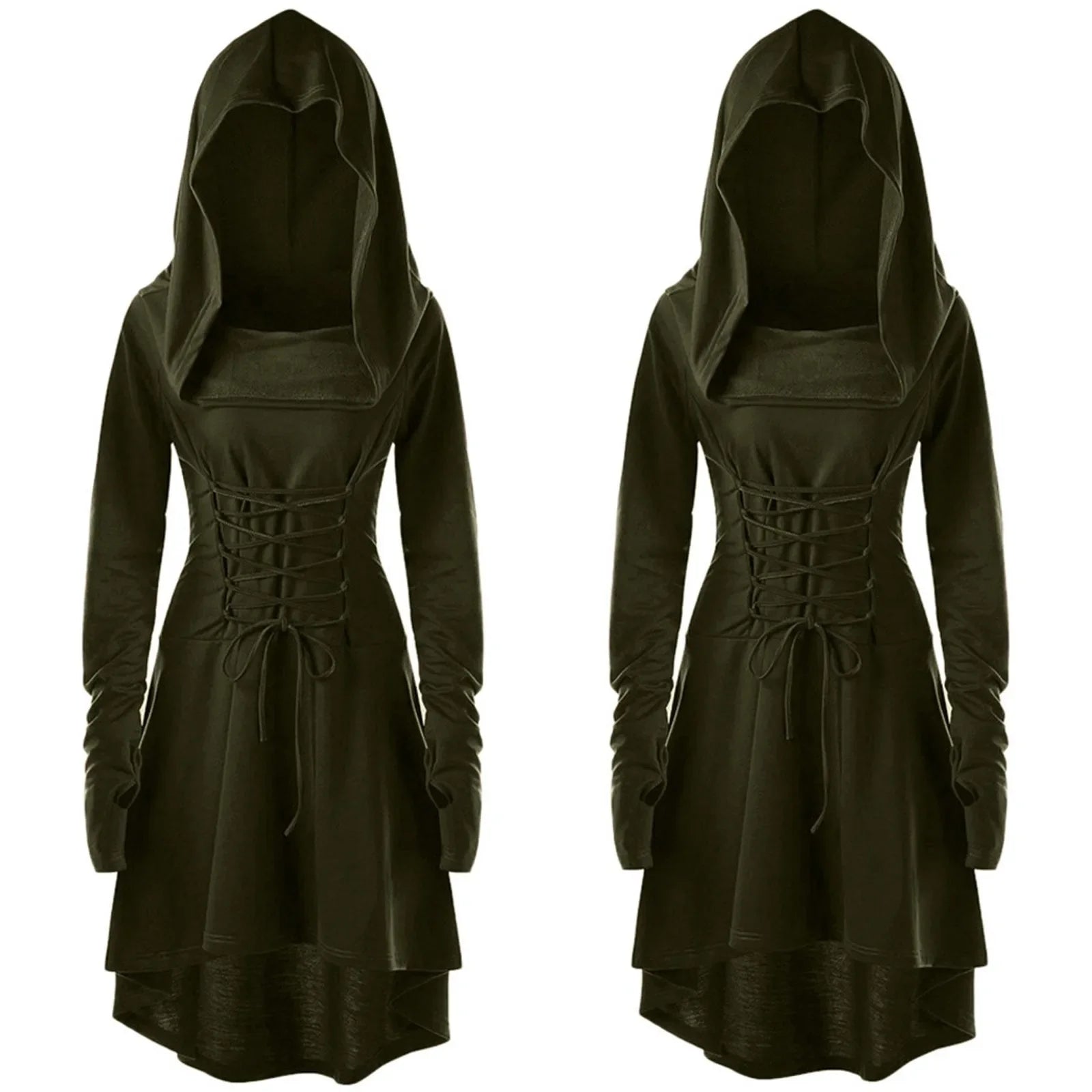 Medieval Archer Hooded Dress – Women’s Renaissance Cosplay Costume with Lace-Up Pullover & Cloak