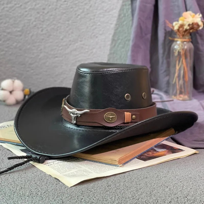 Faux Leather Western Cowboy Hat – Vintage Panama Cowgirl Jazz Cap for Men & Women