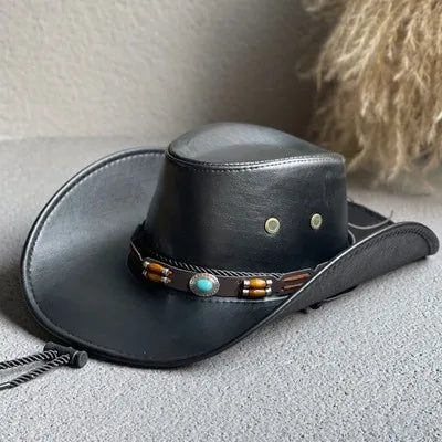 Faux Leather Western Cowboy Hat – Vintage Panama Cowgirl Jazz Cap for Men & Women