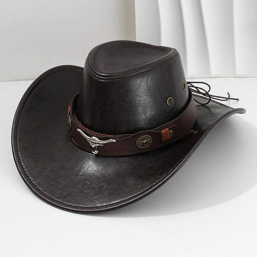 Unisex Vintage Faux Leather Western Cowboy Hat – Outdoor Gentleman Cowgirl Jazz Cap Sombrero Hombre