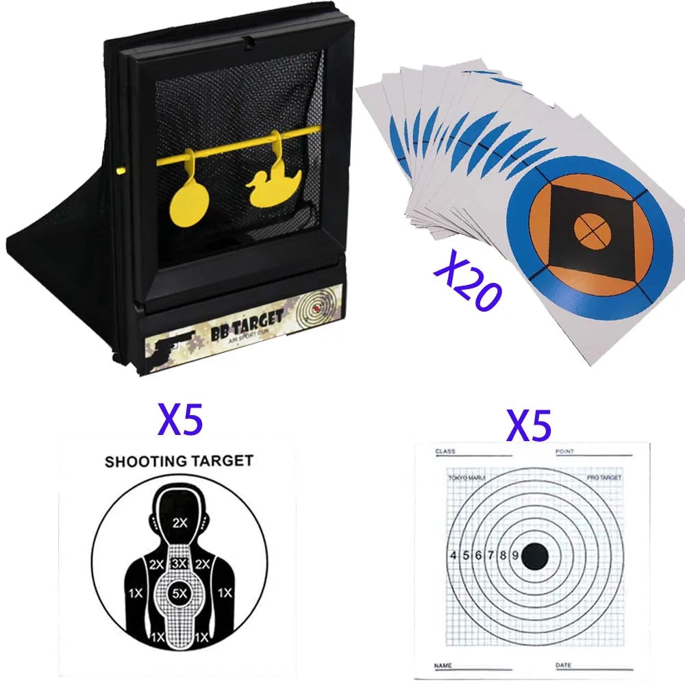 Plastic BB & NERF Soft Bullet Trap Target – Net Pouch with Spinner & Paper Targets