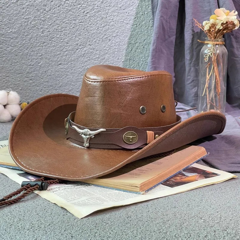 Faux Leather Western Cowboy Hat – Vintage Panama Cowgirl Jazz Cap for Men & Women