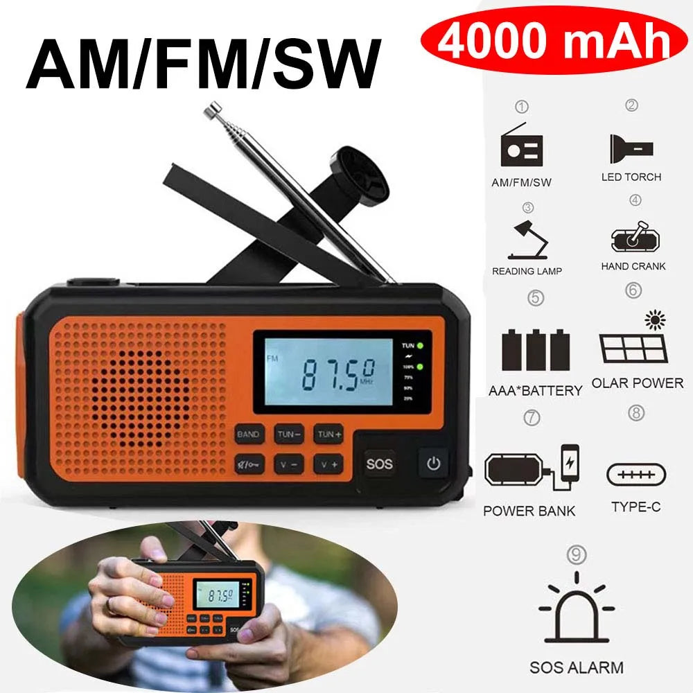 4000mAh Emergency Solar Hand Crank Radio – AM/FM, Flashlight & Power Bank Charger
