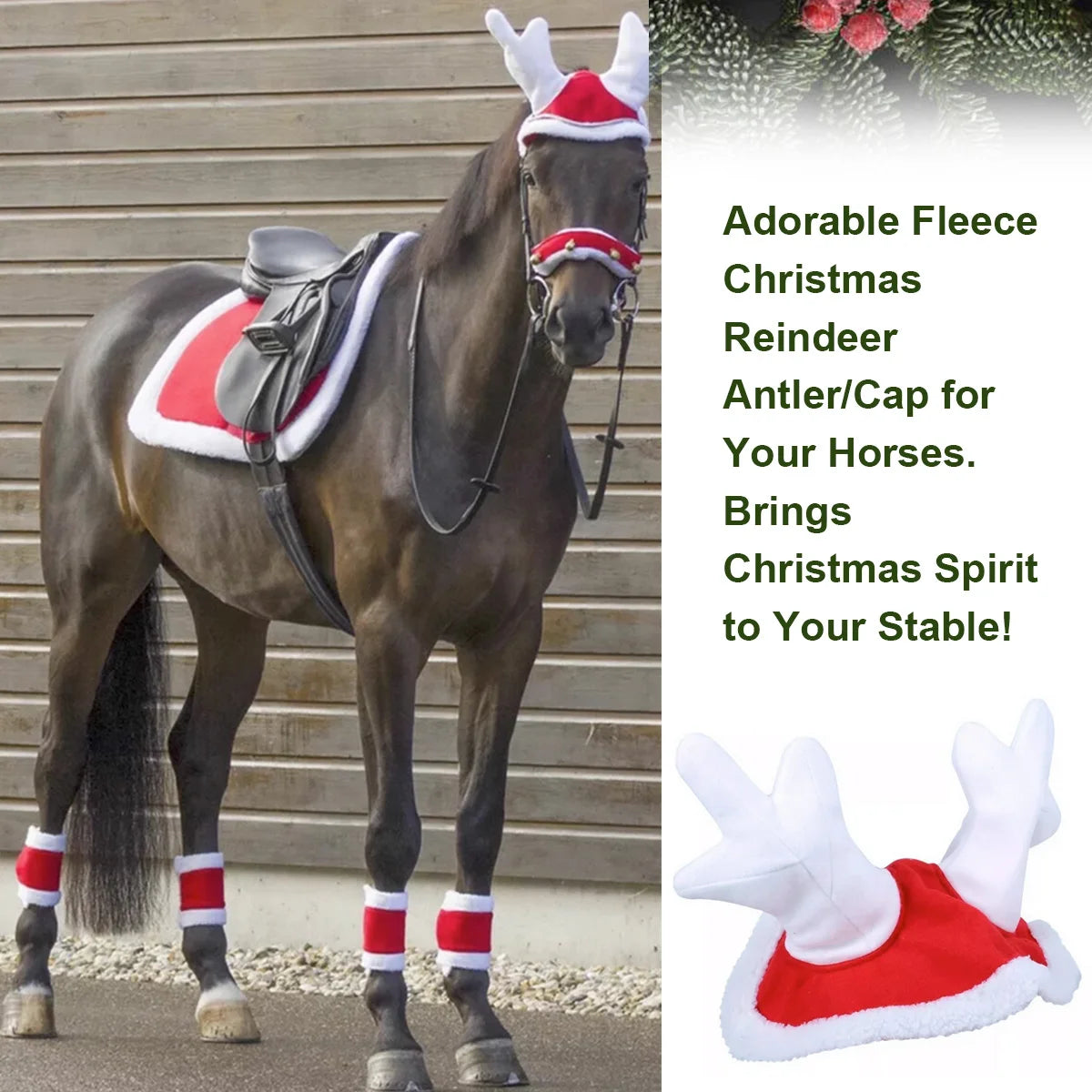 Christmas Horse Antler Cap – Festive Polyester Hat for Horses with Cute Reindeer Design