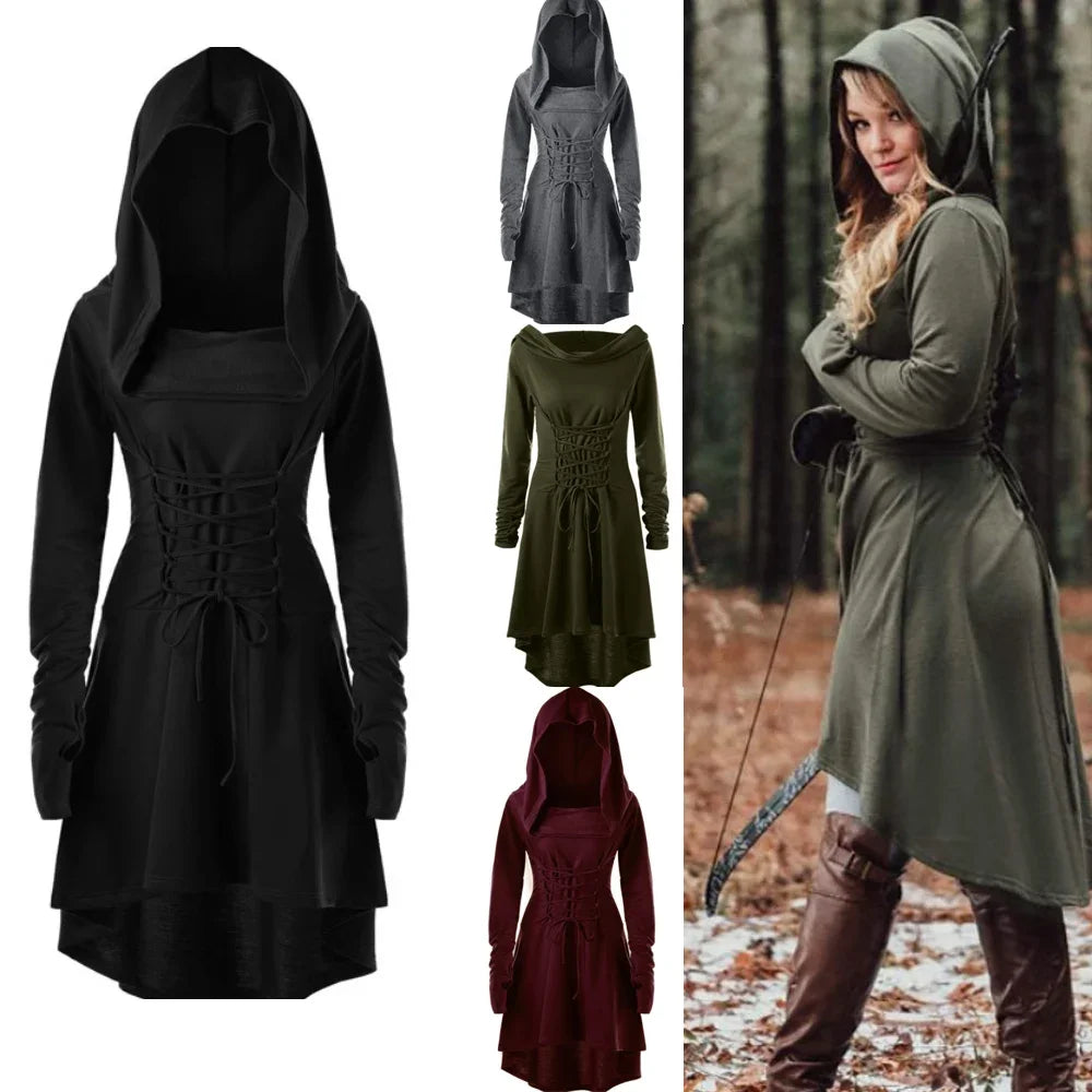 Medieval Archer Hooded Dress – Women’s Renaissance Cosplay Costume with Lace-Up Pullover & Cloak