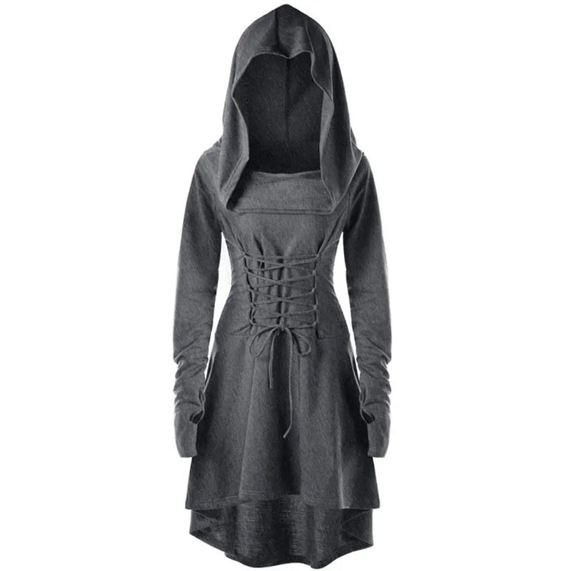 Medieval Archer Hooded Dress – Women’s Renaissance Cosplay Costume with Lace-Up Pullover & Cloak