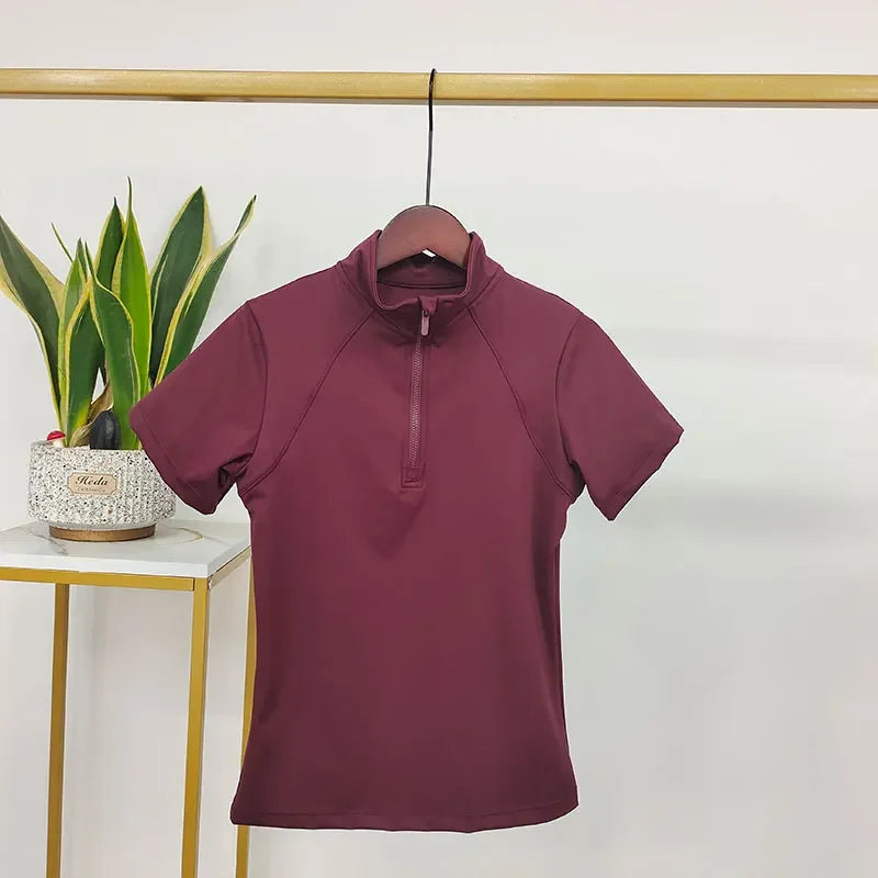 Fashion Western Zipper Horse Riding Base Layer – Quick Dry Short Sleeve Shirt for Equestrian Riders