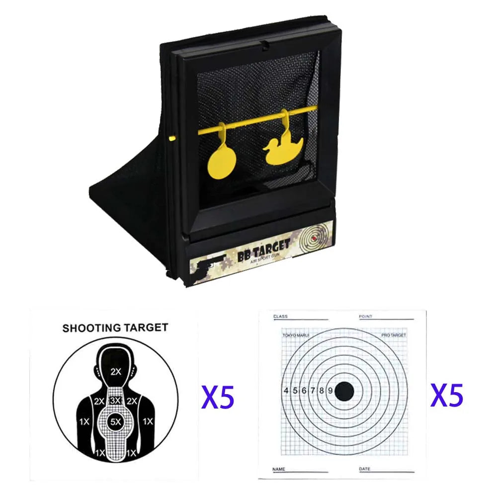 Plastic BB & NERF Soft Bullet Trap Target – Net Pouch with Spinner & Paper Targets