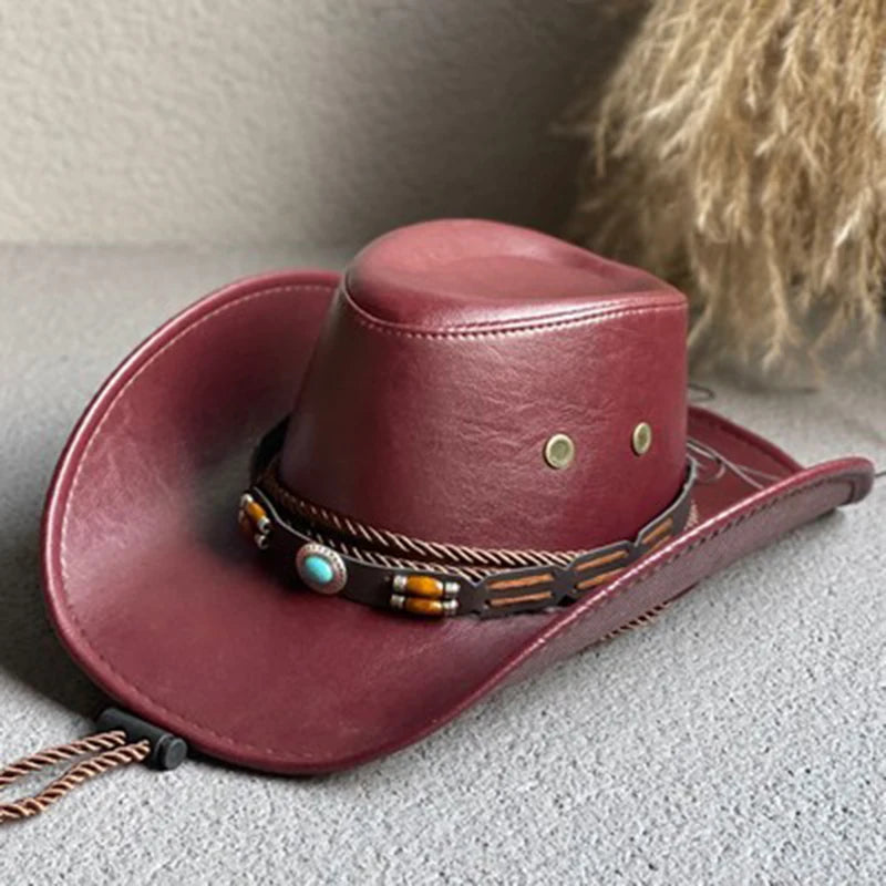 Faux Leather Western Cowboy Hat – Vintage Panama Cowgirl Jazz Cap for Men & Women