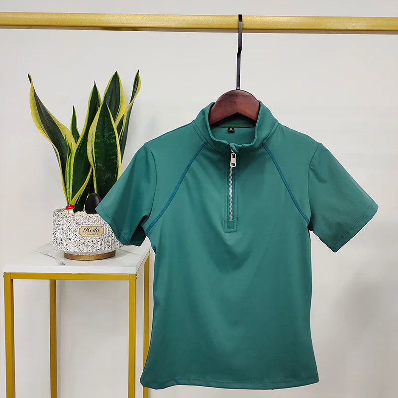 Fashion Western Zipper Horse Riding Base Layer – Quick Dry Short Sleeve Shirt for Equestrian Riders