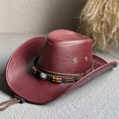 Faux Leather Western Cowboy Hat – Vintage Panama Cowgirl Jazz Cap for Men & Women