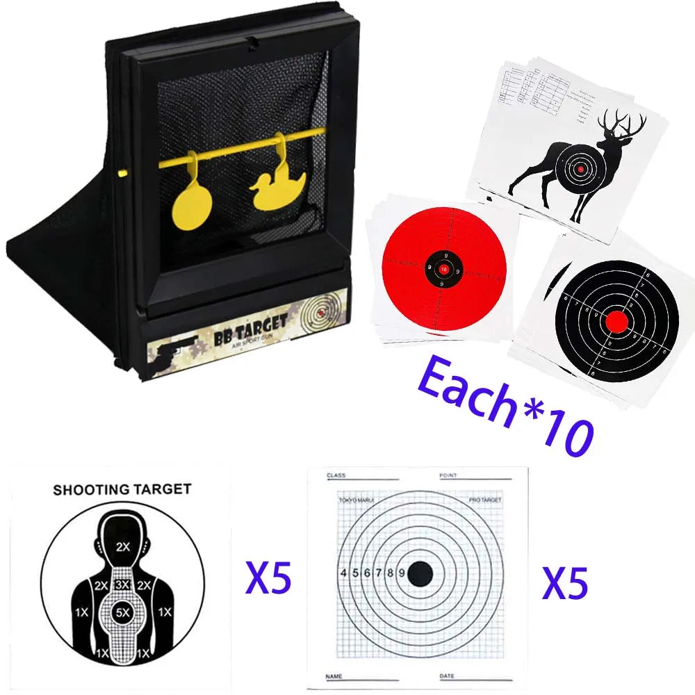 Plastic BB & NERF Soft Bullet Trap Target – Net Pouch with Spinner & Paper Targets