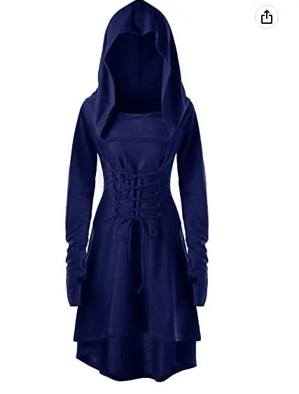 Medieval Archer Hooded Dress – Women’s Renaissance Cosplay Costume with Lace-Up Pullover & Cloak