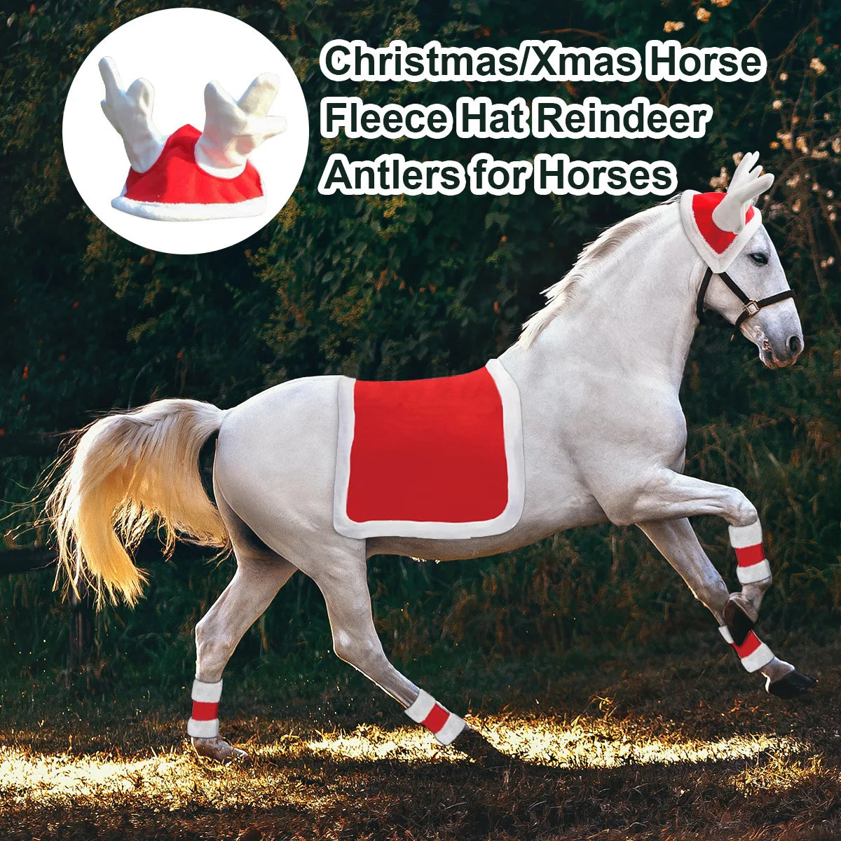 Christmas Horse Antler Cap – Festive Polyester Hat for Horses with Cute Reindeer Design