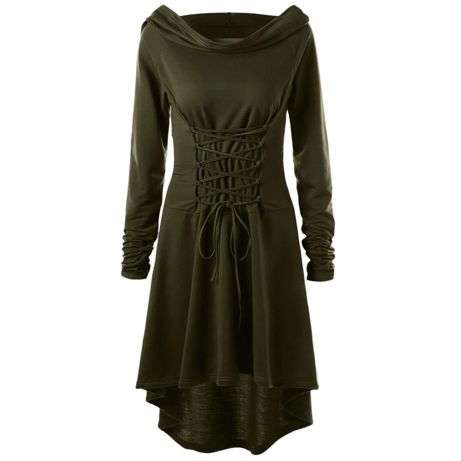 Medieval Archer Hooded Dress – Women’s Renaissance Cosplay Costume with Lace-Up Pullover & Cloak