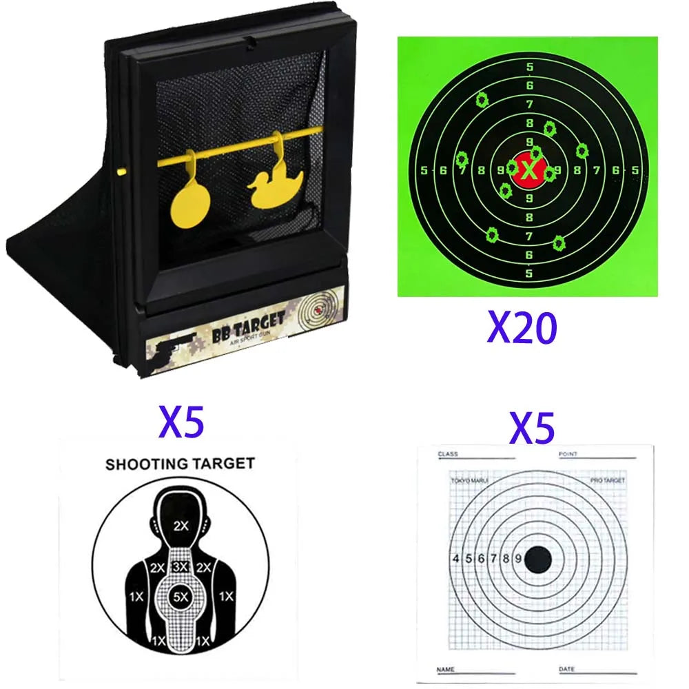 Plastic BB & NERF Soft Bullet Trap Target – Net Pouch with Spinner & Paper Targets