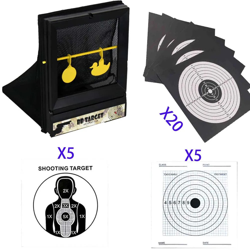 Plastic BB & NERF Soft Bullet Trap Target – Net Pouch with Spinner & Paper Targets