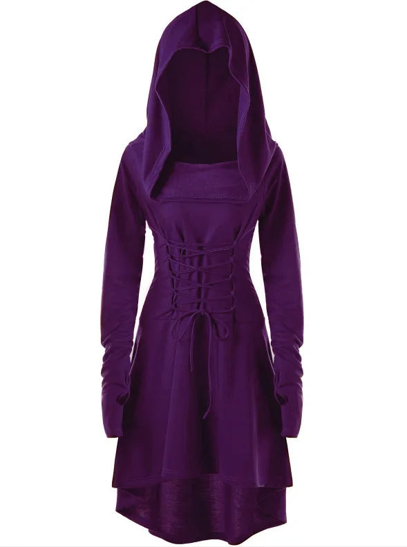Medieval Archer Hooded Dress – Women’s Renaissance Cosplay Costume with Lace-Up Pullover & Cloak