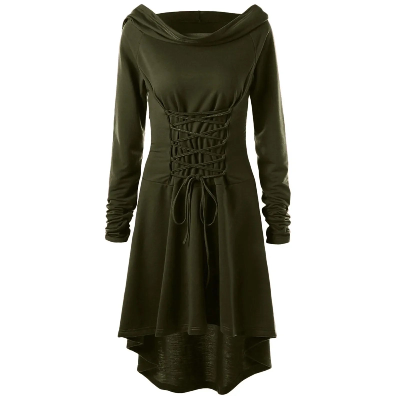 Medieval Archer Hooded Dress – Women’s Renaissance Cosplay Costume with Lace-Up Pullover & Cloak