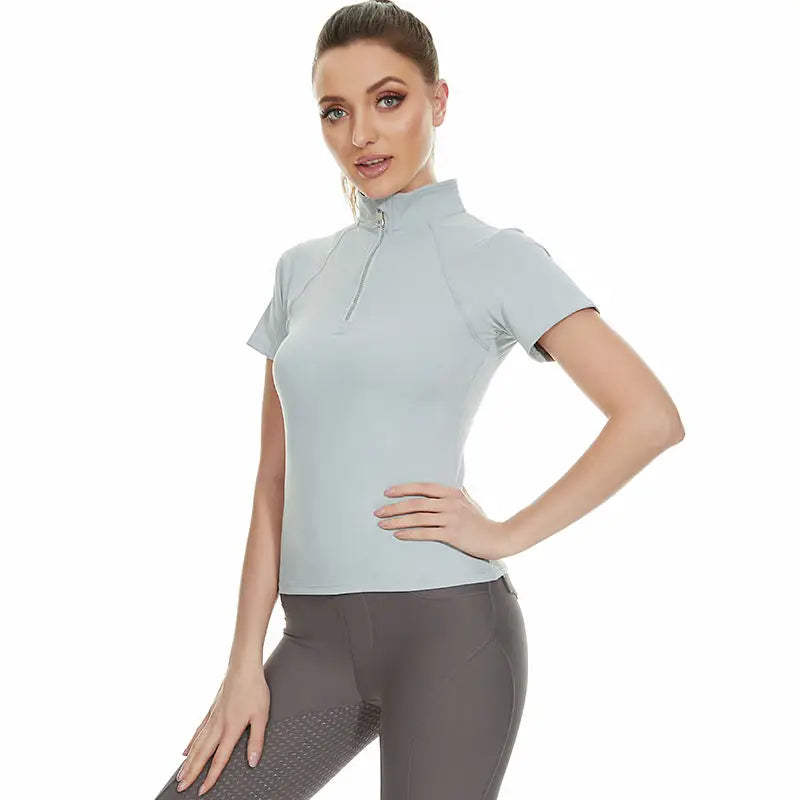 Fashion Western Zipper Horse Riding Base Layer – Quick Dry Short Sleeve Shirt for Equestrian Riders
