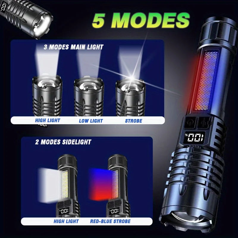 Rechargeable LED Flashlight, Zoomable Waterproof Torch, Built-in Battery Torch, Bright, High-Power