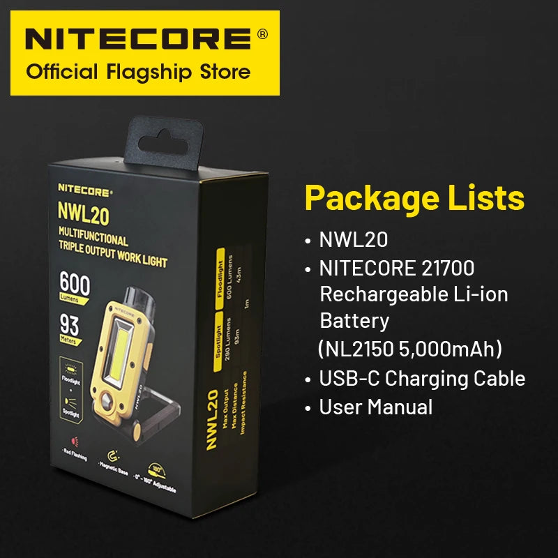 NWL20 USB-C Rechargeable Work Light – 600 Lumens, Magnetic Base, Adjustable Angle, Triple Output