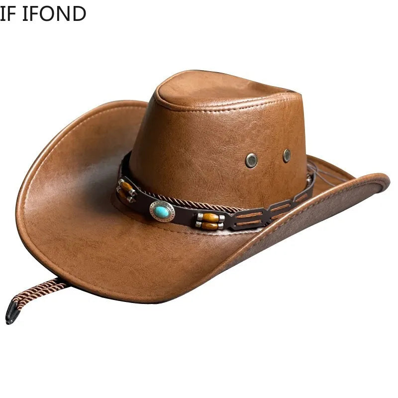 Faux Leather Western Cowboy Hat – Vintage Panama Cowgirl Jazz Cap for Men & Women