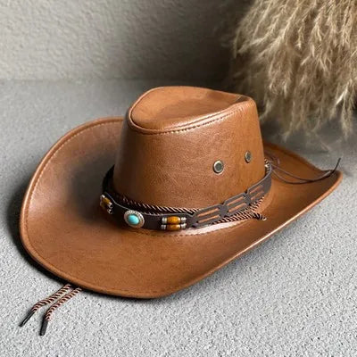 Faux Leather Western Cowboy Hat – Vintage Panama Cowgirl Jazz Cap for Men & Women