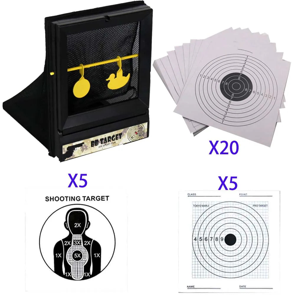 Plastic BB & NERF Soft Bullet Trap Target – Net Pouch with Spinner & Paper Targets